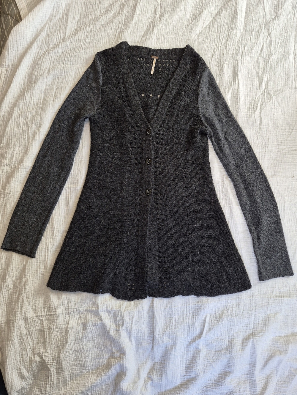 Free People Pinwheel Lace Back Cardigan Sweater, Charcoal/Grey, Small, EUC